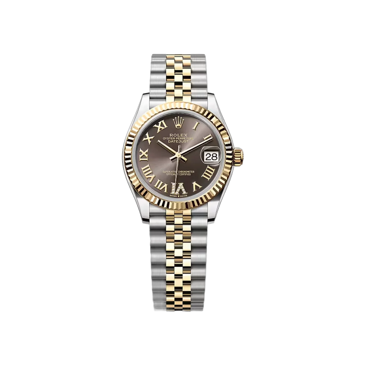 Rolex Datejust 278273-0018 Dark Rhodium Diamond Roman Six Dial Steel & Yellow Gold Fluted Bezel 31Mm Jubilee Bracelet Ladies Watch