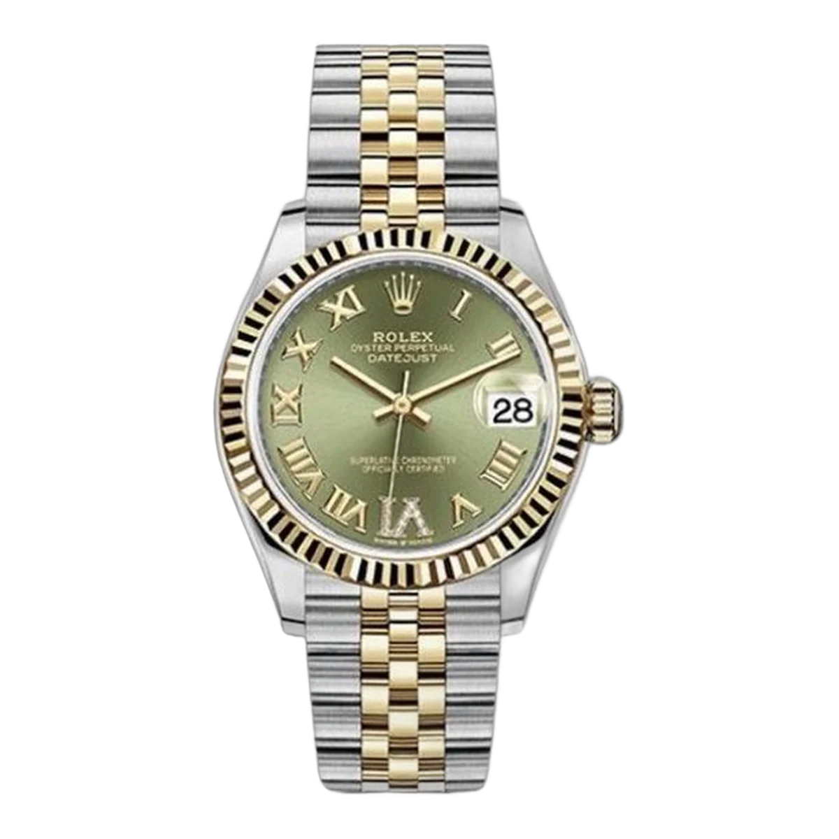 Rolex Datejust 278273 Ogdr6J Olive Green Roman Diamond Six Dial Yellow Gold Fluted Bezel 31Mm Oystersteel And 18K Yellow Gold Jubilee Ladies Watch