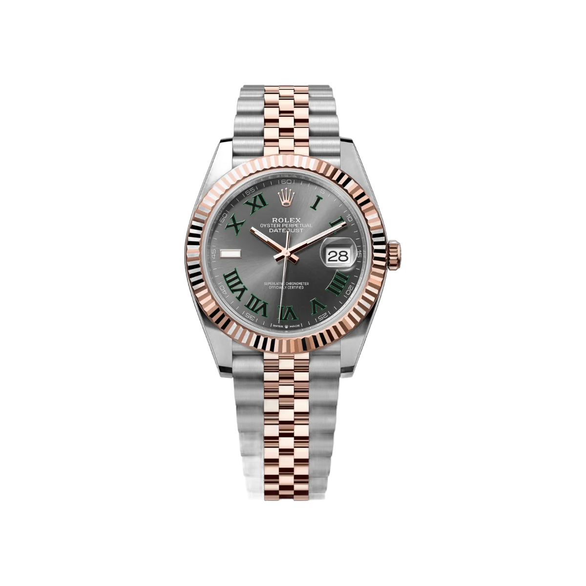 Rolex Datejust m126331-0016 Oyster Perpetual Wimbledon Everose Gold Green Roman Numerals 41mm Slate Grey Dial Mens Watch