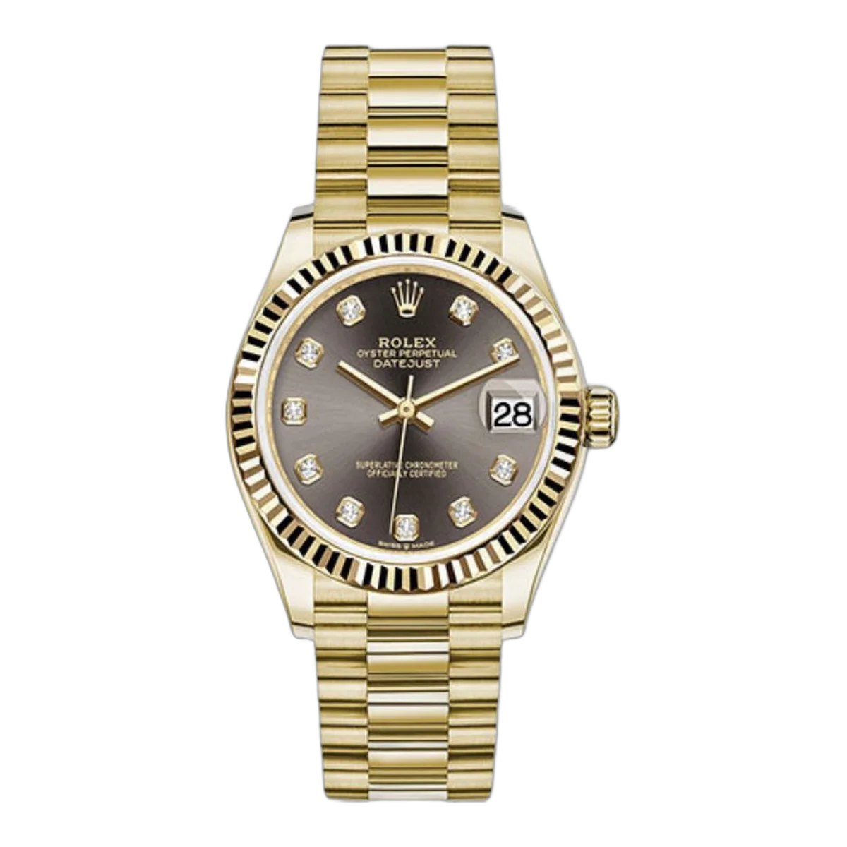 Rolex Datejust M278278-0036 Fluted Bezel Yellow Gold Dark Grey Diamond