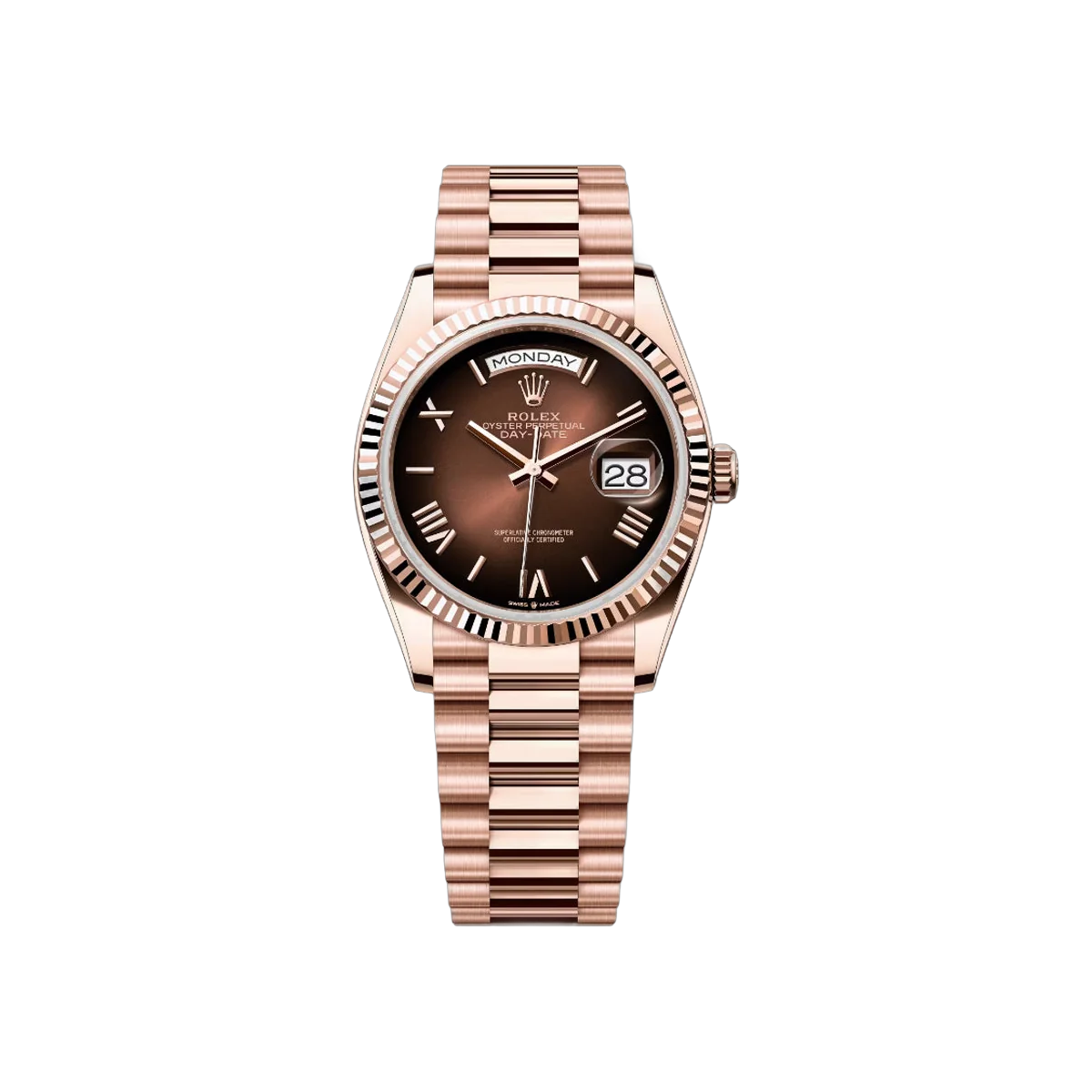 Rolex Day-Date 128235-0075 Everose Gold Roman Numerals 36mm Brown Ombré Dial 36mm Ladies Watch