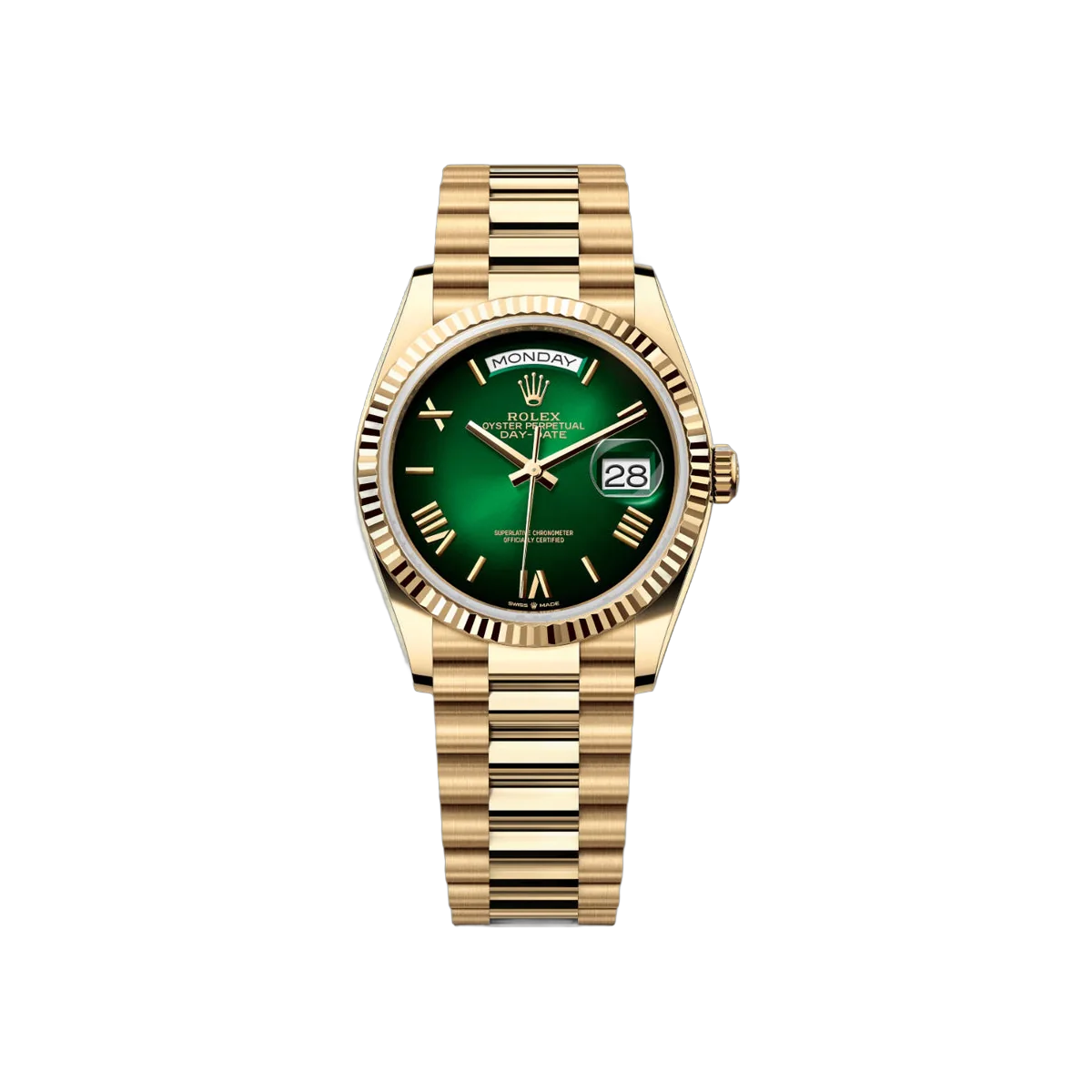 Rolex Day-Date 128238-0118 Yellow Gold 36mm Green Dial Ladies Watch