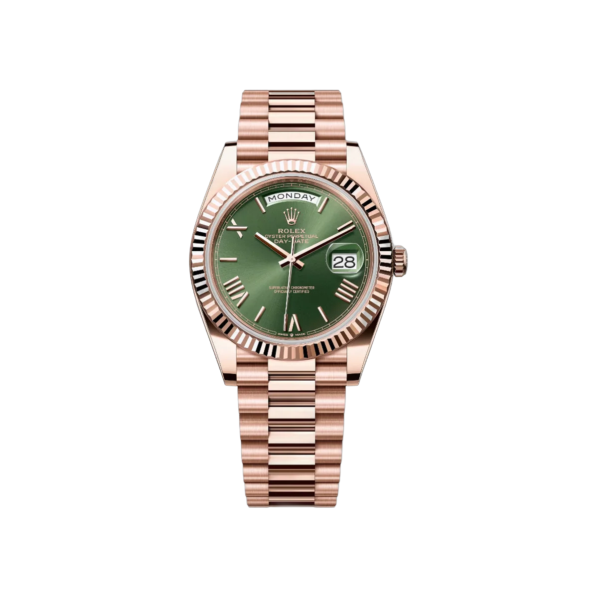 Rolex Day Date 228235 OGRP Olive Green Dial Bevelled Roman Numerals 40Mm 18Kt Rose Gold Jubilee Bracelet