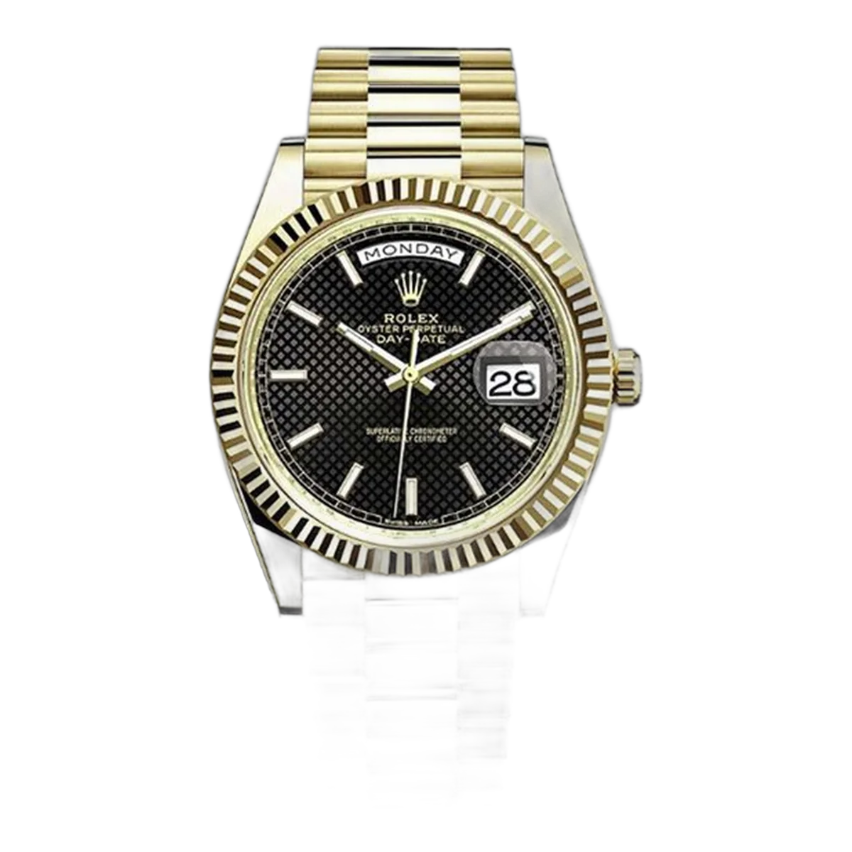 Rolex Day-Date 228238-0007 BKDMIP 40mm 18kt Yellow Gold in Black Diagonal Motif Stick Dial Men's Watch
