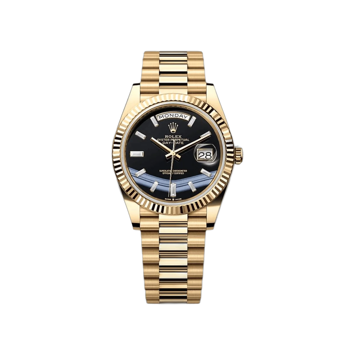 Rolex Day-Date 228238-0059 Yellow Gold 40mm Onyx Baguette Black Dial Men's Watch