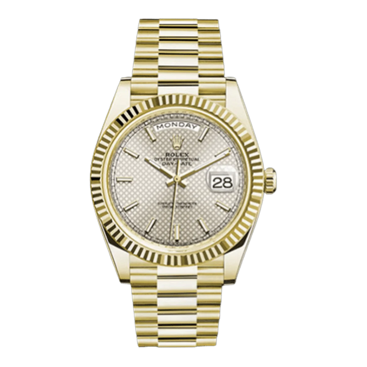 Rolex Day-Date 228238 Sdmip 40Mm Silver Diagonal Motif Index Dial Fluted Bezel 18K Yellow Gold Jubilee Bracelet Men's Watch