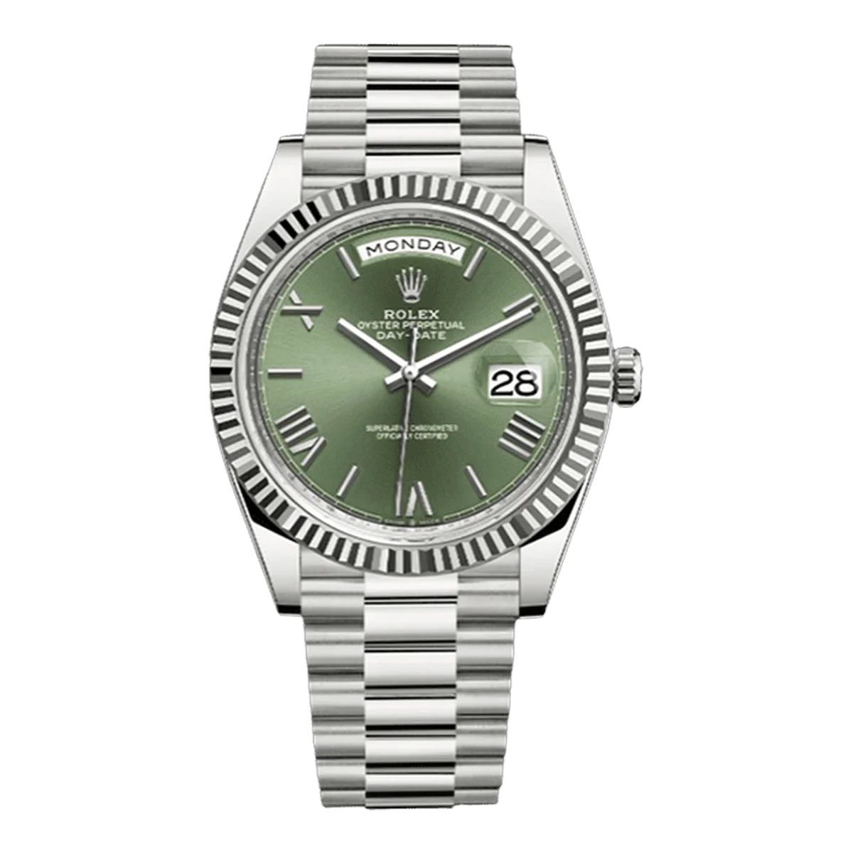 Rolex Day-Date 228239 Ogrp Olive Green Beveled Roman Fluted Bezel Dial 40Mm 18Kt White Gold Jubilee Bracelet Men's Watch