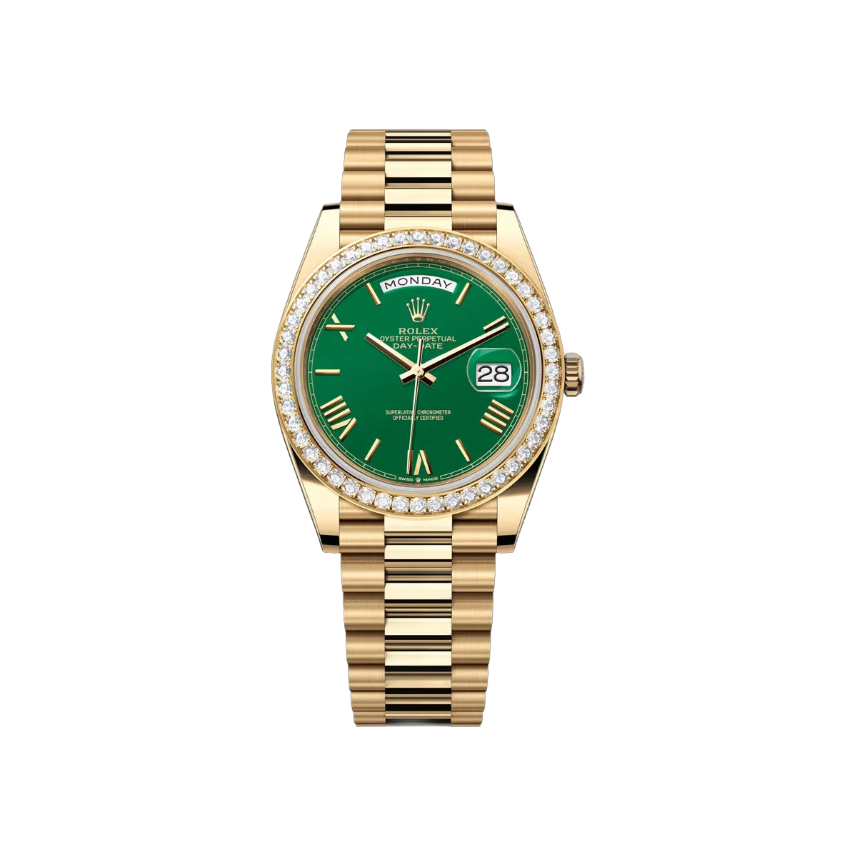 Rolex Day-Date 228348RBR-0040 Yellow Gold Diamond Bezel 40mm Green Dial Men's Watch