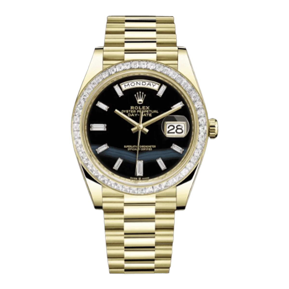 Rolex Day-Date 228398Tbr Onbdp Onyx Dial 18K Yellow Gold And Baguette Diamond Paved Bezel 40Mm 18K Yellow Gold Men's Watch