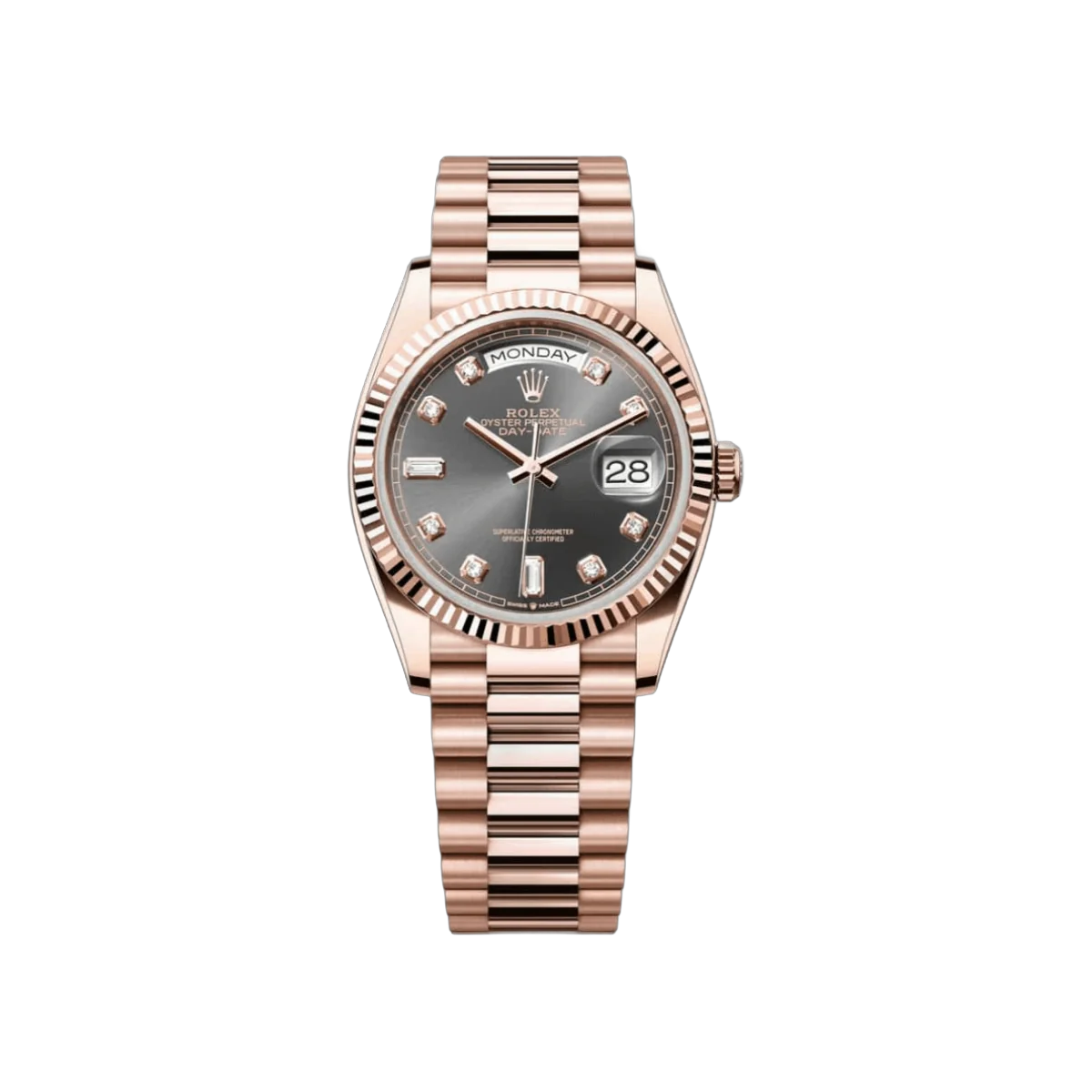 Rolex Day-Date 36 President 128235-0050 18K Everose Gold Fluted Bezel 36mm Slate Gray Dial Ladies Watch