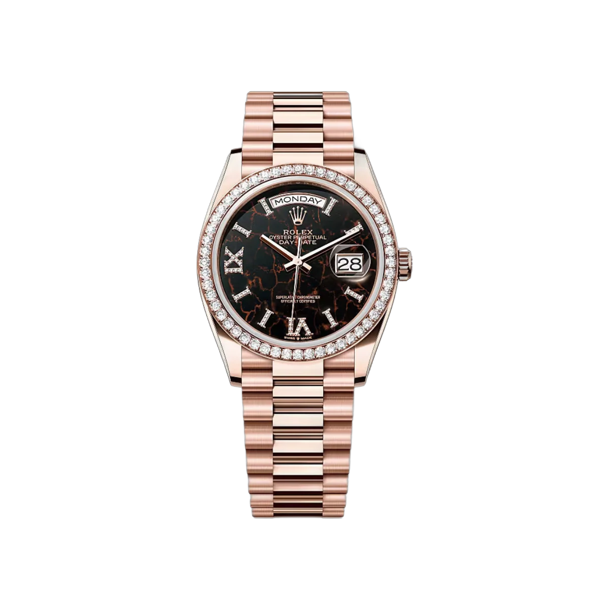 Rolex Day-Date Diamond Bezel 128345RBR-0044 Eisenkiesel Everose Gold 36mm Women's Watch