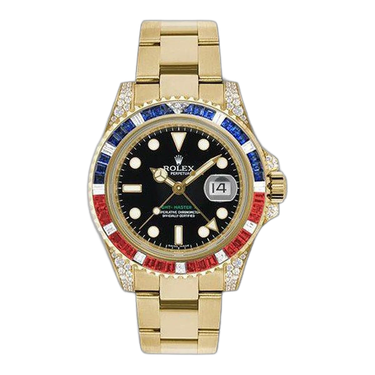 Rolex Gmt Master II 116758SARU Yellow Gold Sapphire Ruby Diamond Bezel 40mm Black Dial Men's Watch
