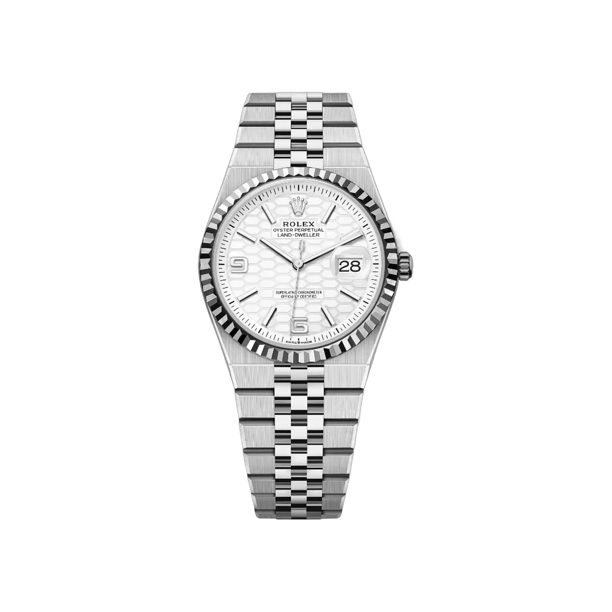 Rolex Land-Dweller 127234-0001 Oyster Steel & White Gold Honeycomb Motif Dial 36mm Ladies Watch