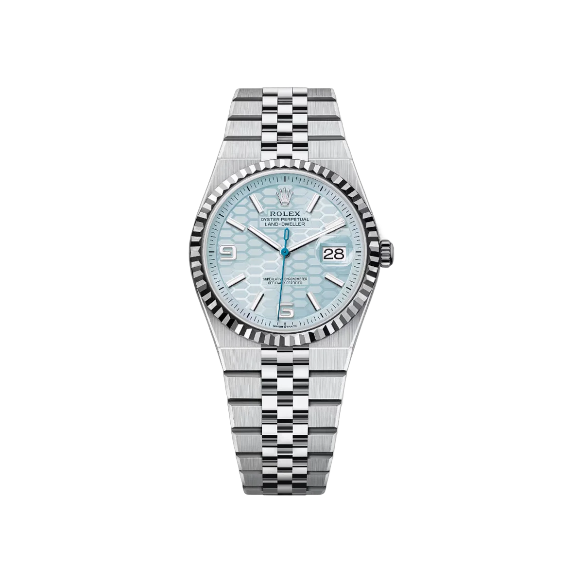 Rolex Land-Dweller 127236-0001 Platinum 36mm Ice-Blue Honeycomb Motif Dial Ladies Watch