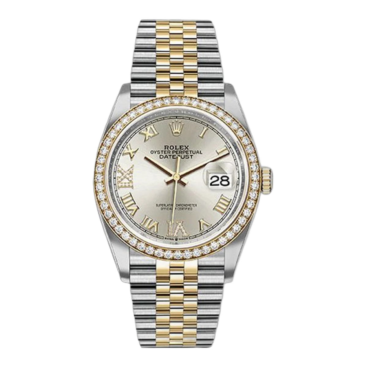 Rolex Oyster Perpetual Datejust 126283Rbr Sdr69J Yellow Diamond Bezel Silver Roman Dial 36Mm Unisex Two Tone Unisex Watch