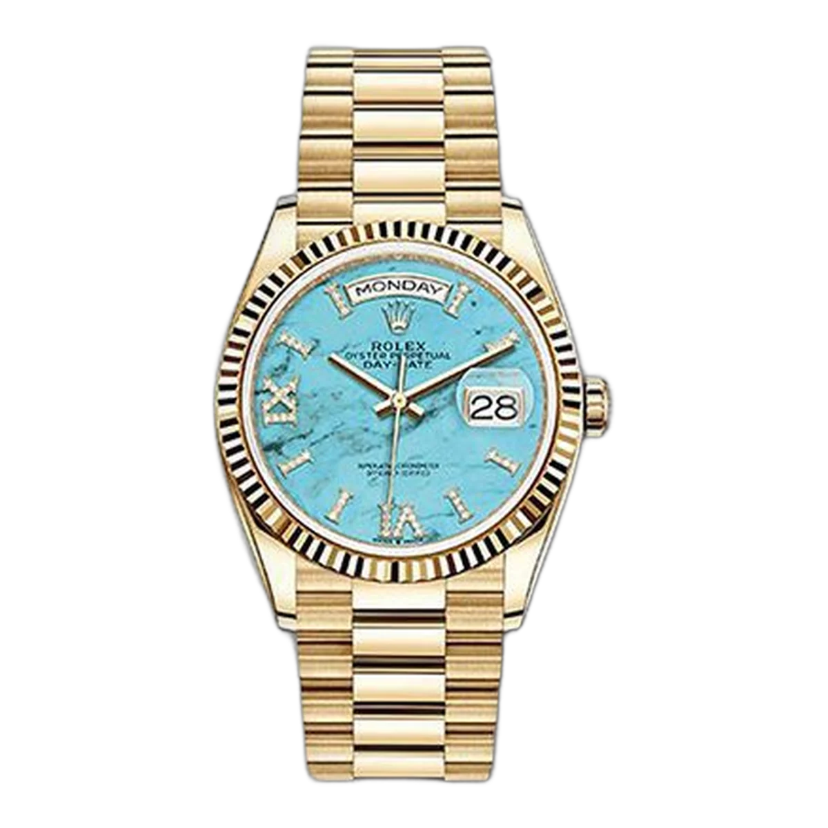 Rolex Oyster Perpetual Day-Date 128238-0071 Yellow Gold 36mm Turquoise Dial Ladies Watch