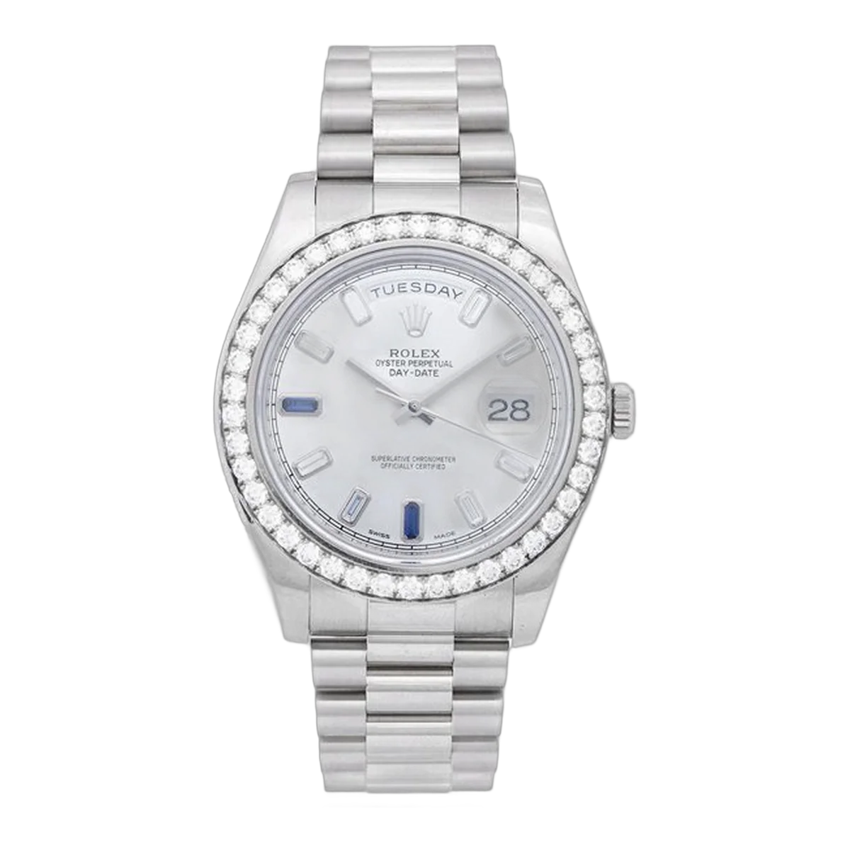 Rolex Oyster Perpetual Day-Date Ii 41Mm Silver Diamond Sapphire Baguette Men's Watch