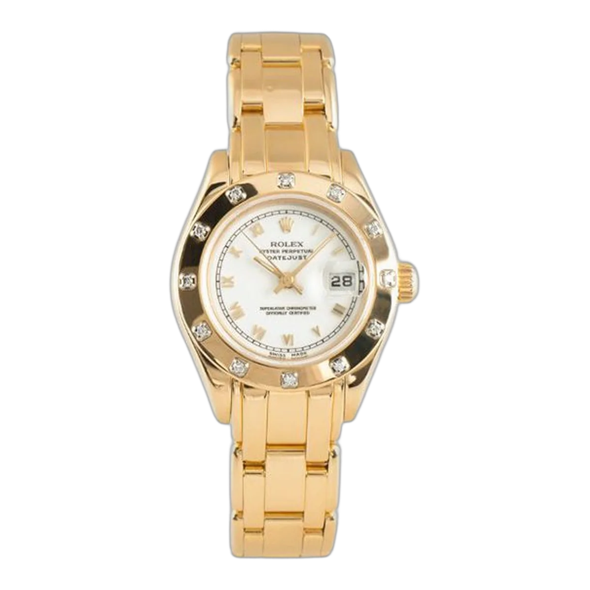 Rolex Pearlmaster 69318 White Roman Dial 29Mm 18K Yellow Gold Diamond Bezel Ladies Watch