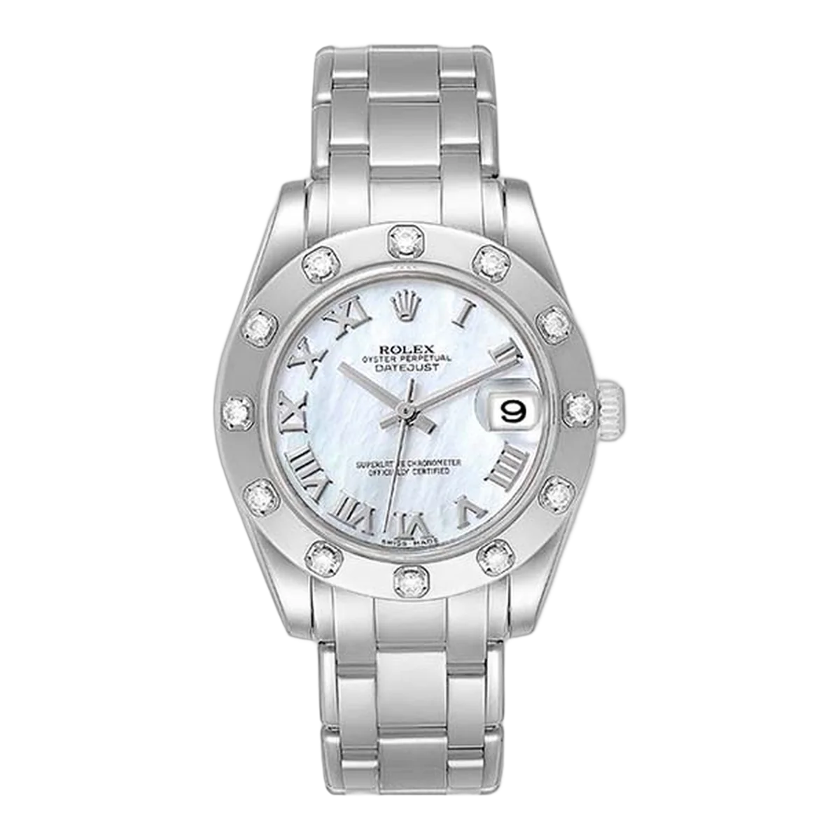 Rolex Pearlmaster 81319 Midsize Mother Of Pearl Roman 34Mm White Gold Diamond Ladies Watch