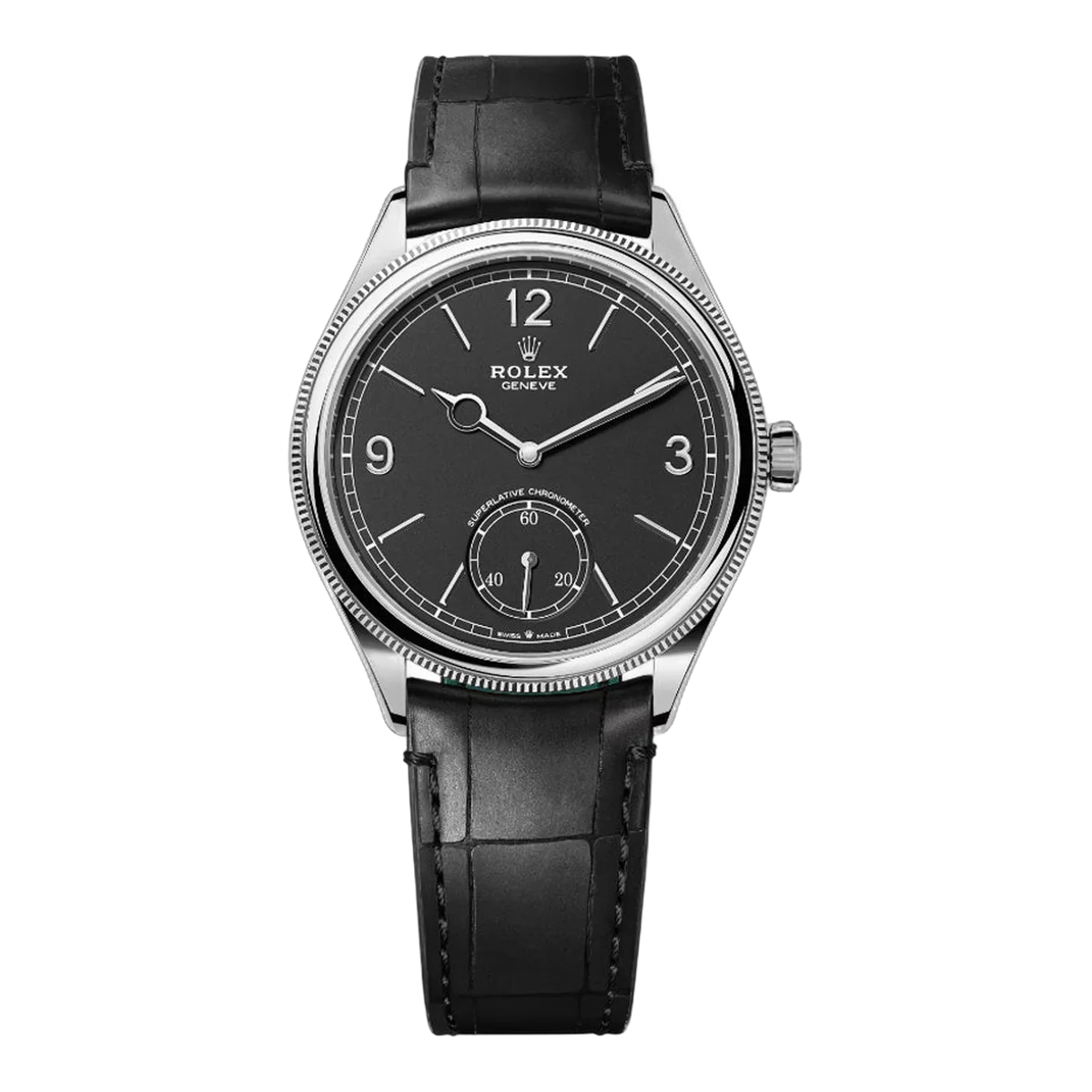 Rolex Perpetual 1908- 52509-0002 White Gold Domed & Fluted Bezel Black Dial 39mm Men's Watch