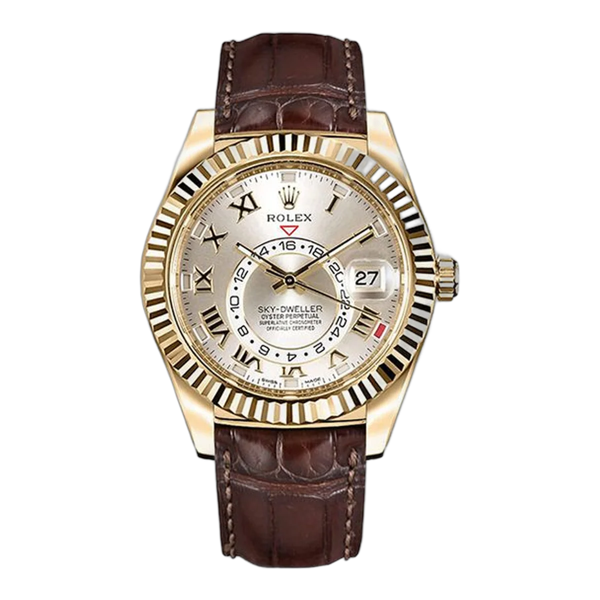 Rolex Sky Dweller 326138 S Silver Sunray Roman Dial 42Mm 18Kt Yellow Gold Brown Strap Men's Watch
