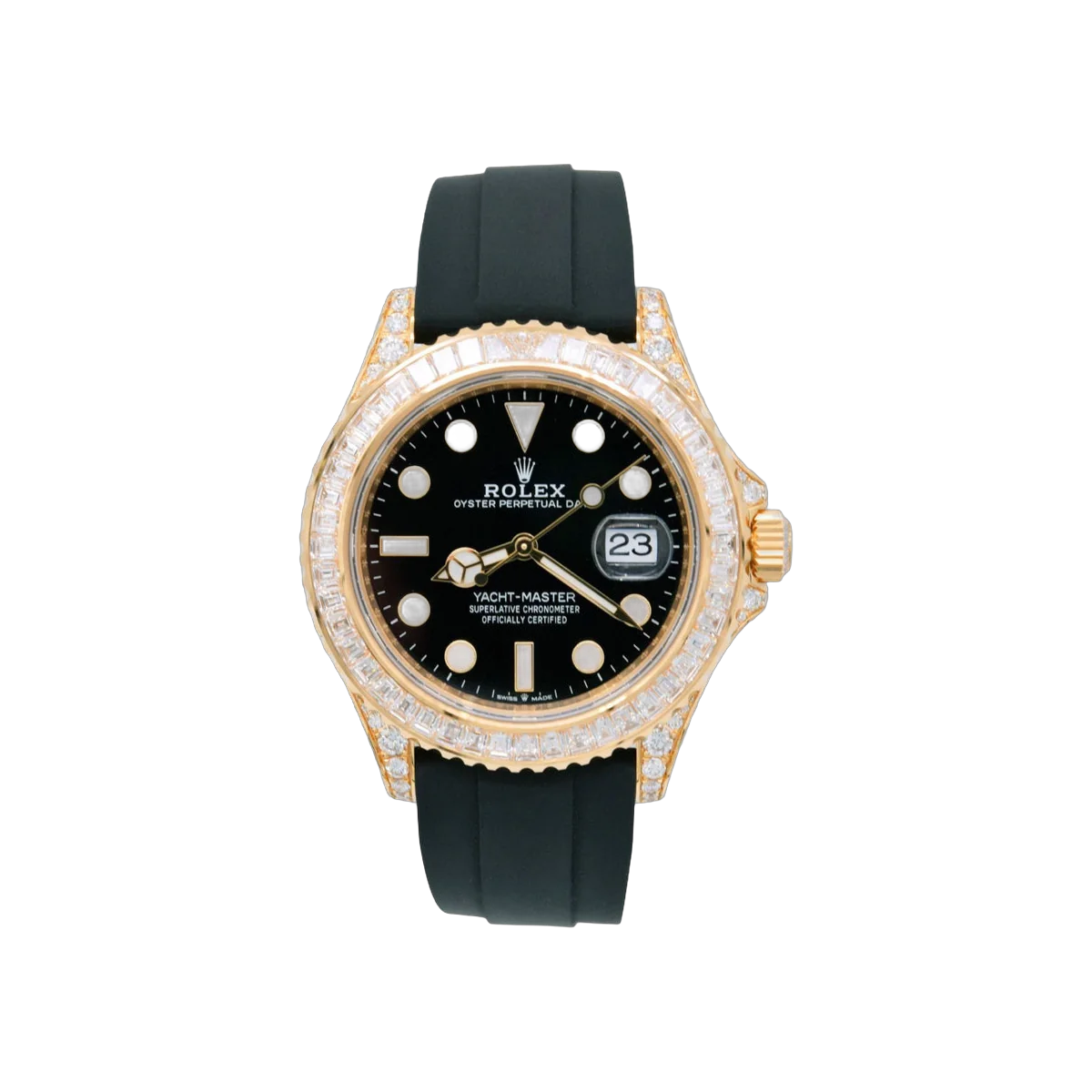 Rolex Yacht Master M226668TBR Yellow Gold Baguette Diamonds Bezel 42mm Black Dial Men's Watch